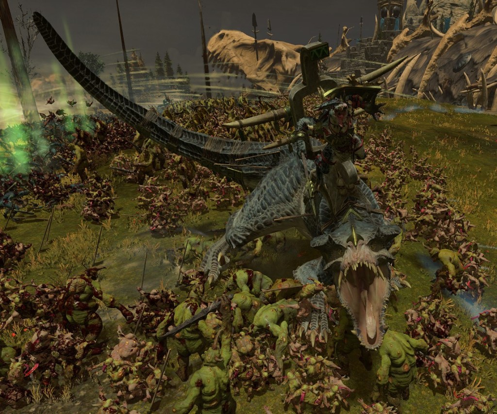 A Saurus Scar-Veteran on a Carnosaur fighting Plaguebearers and Nurglings